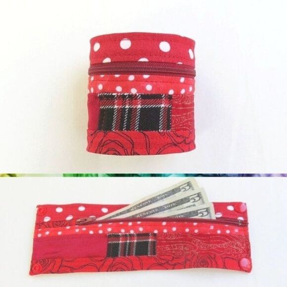 Wrist Wallet Cuff -Red Patchwork Fabric Bracelet - Upcycled - Handmade Unique  - Picture 1 of 10